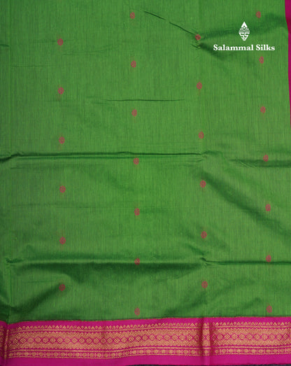 Green Kalyani Cotton Saree With Contrast Magenta Pink Border