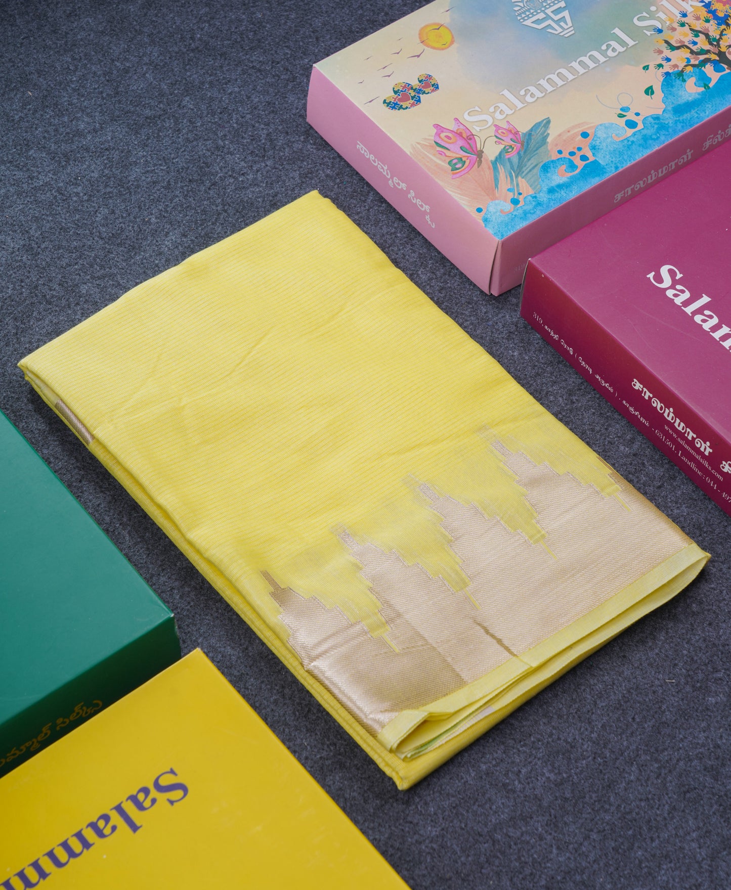 Lemon Yellow Beautiful Horizontal Lines Cotton Mix Fancy Saree With Silver Zari Temple Border