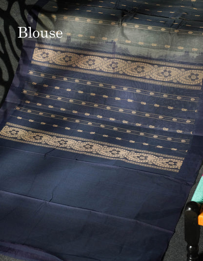 Beautiful Grey Thread Buttas Handloom Pure Cotton Saree With Navy Blue Border