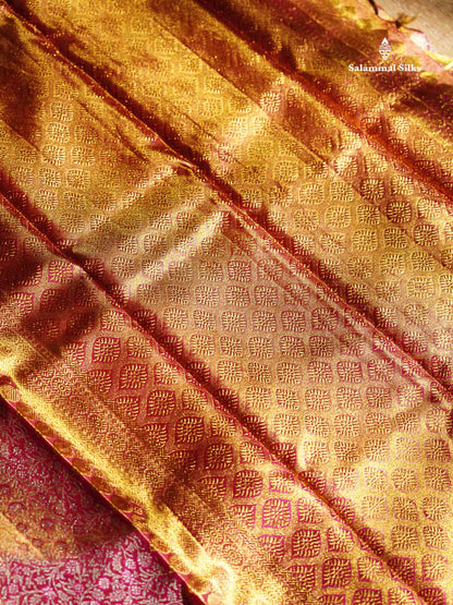 Beautiful Pink Tissue Bridal Pure Kanjivaram Silk Saree With Contrast Rani Pink Traditional Border