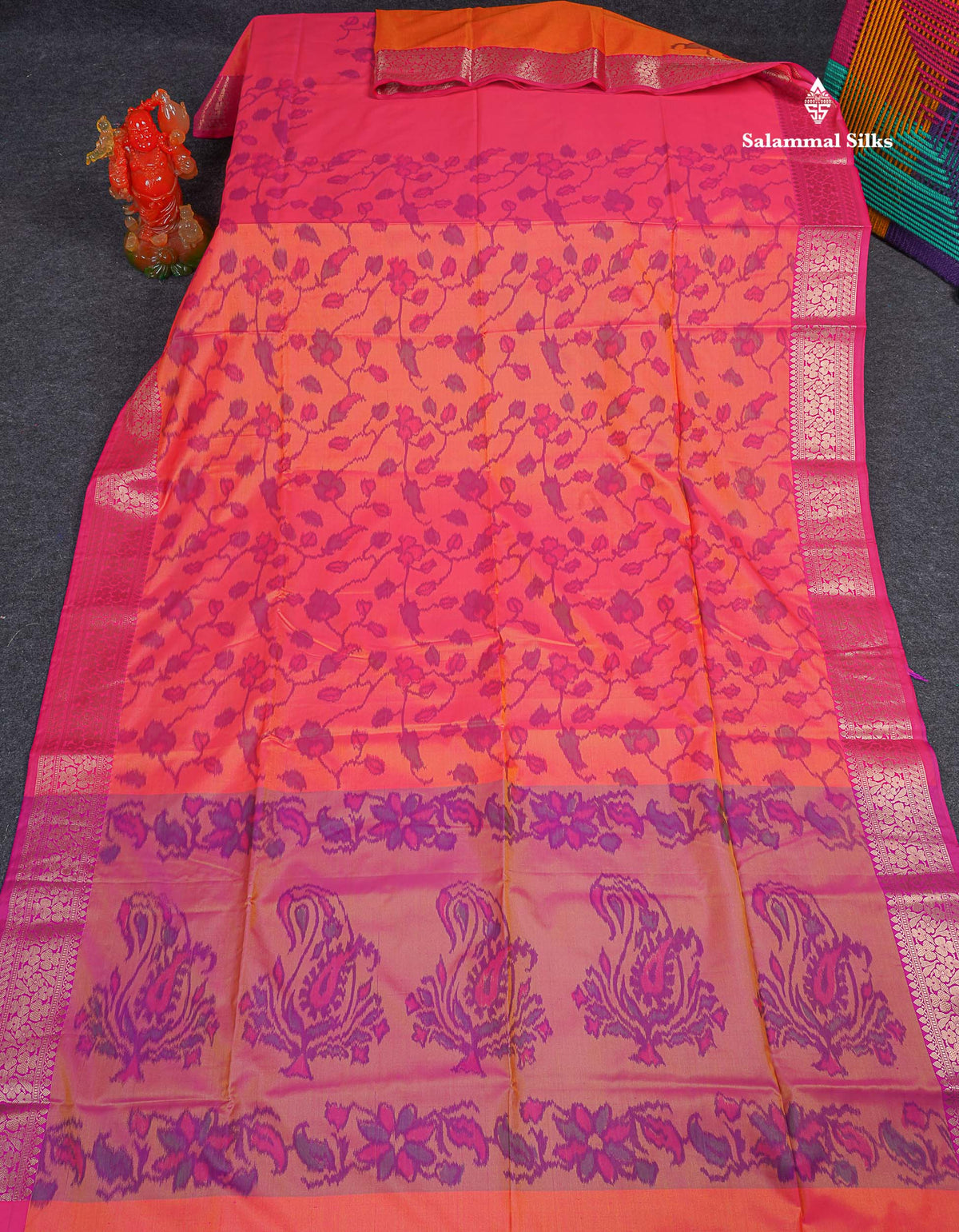 Semi Silk Saree - Pinkish Peach Colour Body Pochampally Design With Fancy Border