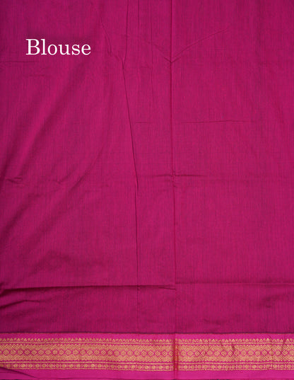 Green Kalyani Cotton Saree With Contrast Magenta Pink Border