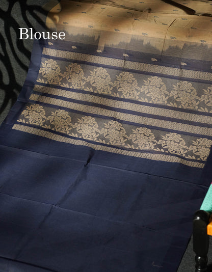 Beautiful Beige Thread Buttas Handloom Pure Cotton Saree With Navy Blue Border