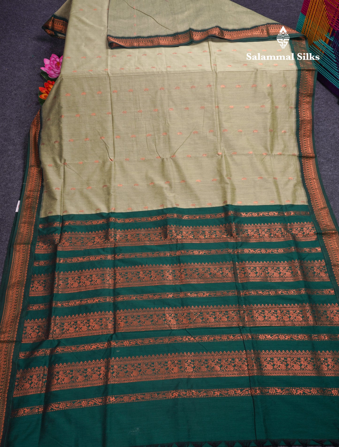 Moss Green Kalyani Cotton Saree With Contrast Bottle Green Border