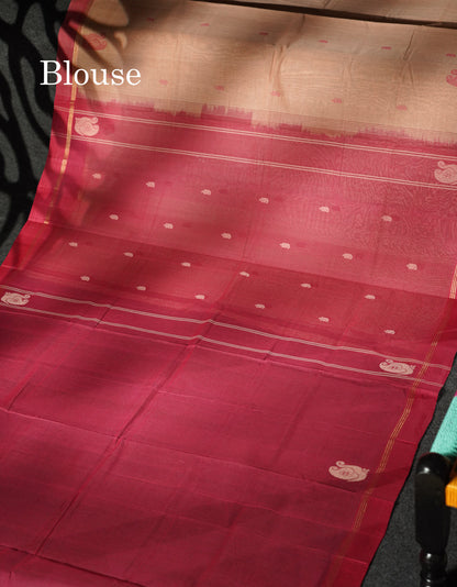 Beautiful Dual Tone Peach Thread Buttas Handloom Pure Cotton Saree With Pink Border