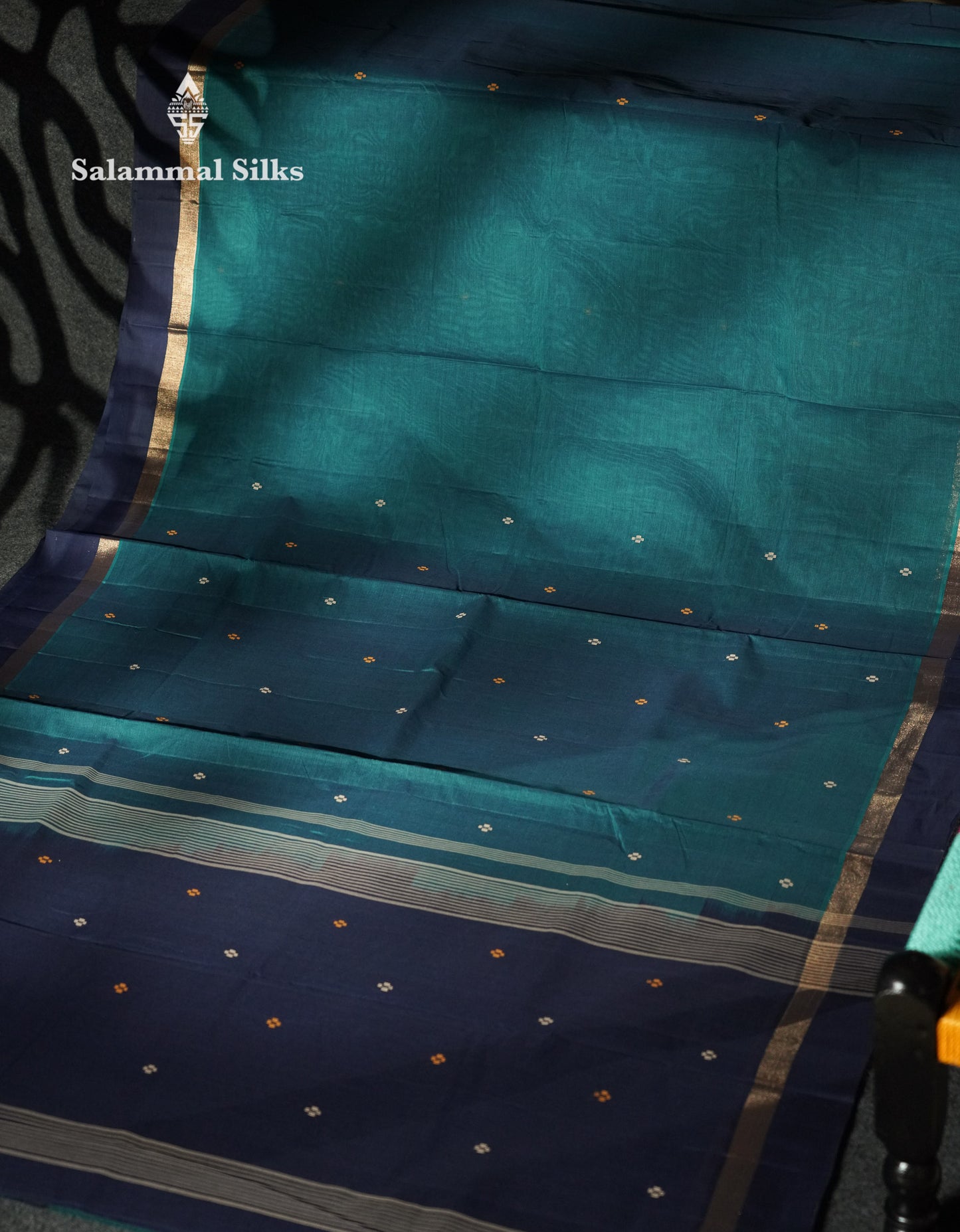 Beautiful Peacock Blue Thread Buttas Handloom Pure Cotton Saree With Navy Blue Border
