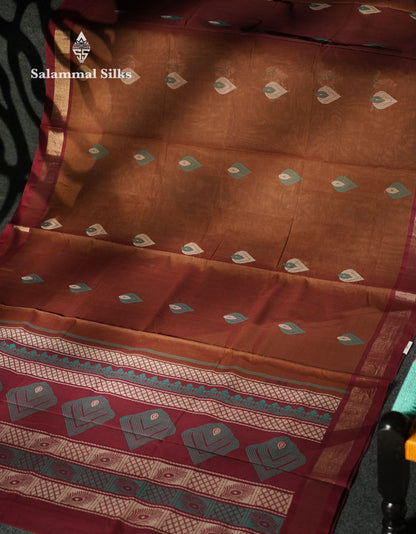 Beautiful Rust Orange Thread Buttas Handloom Pure Cotton Saree With Maroon Small Border