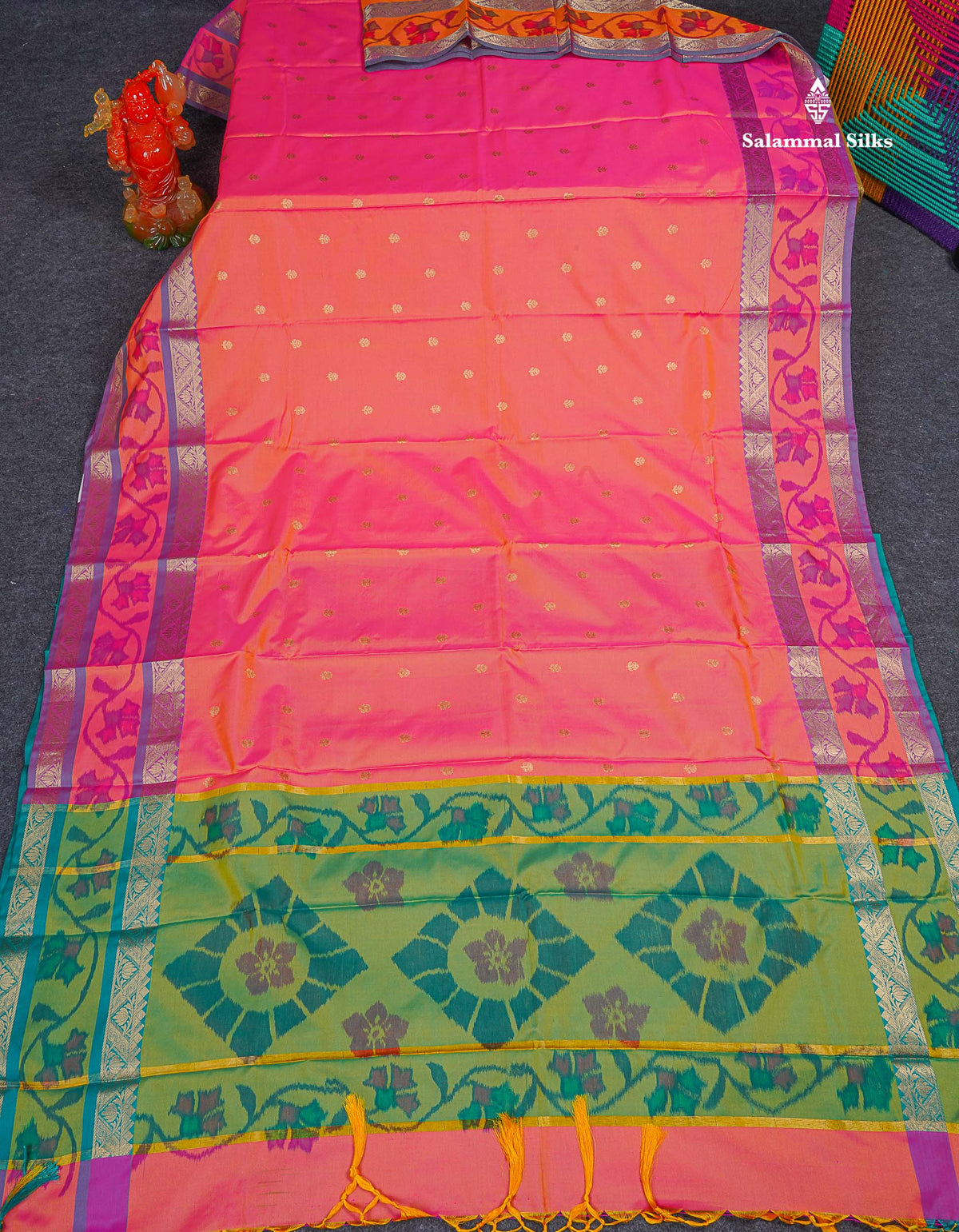 Semi Silk Saree - Pinkish Orange Colour Body Zari Butta With Pochampally Fancy Border 