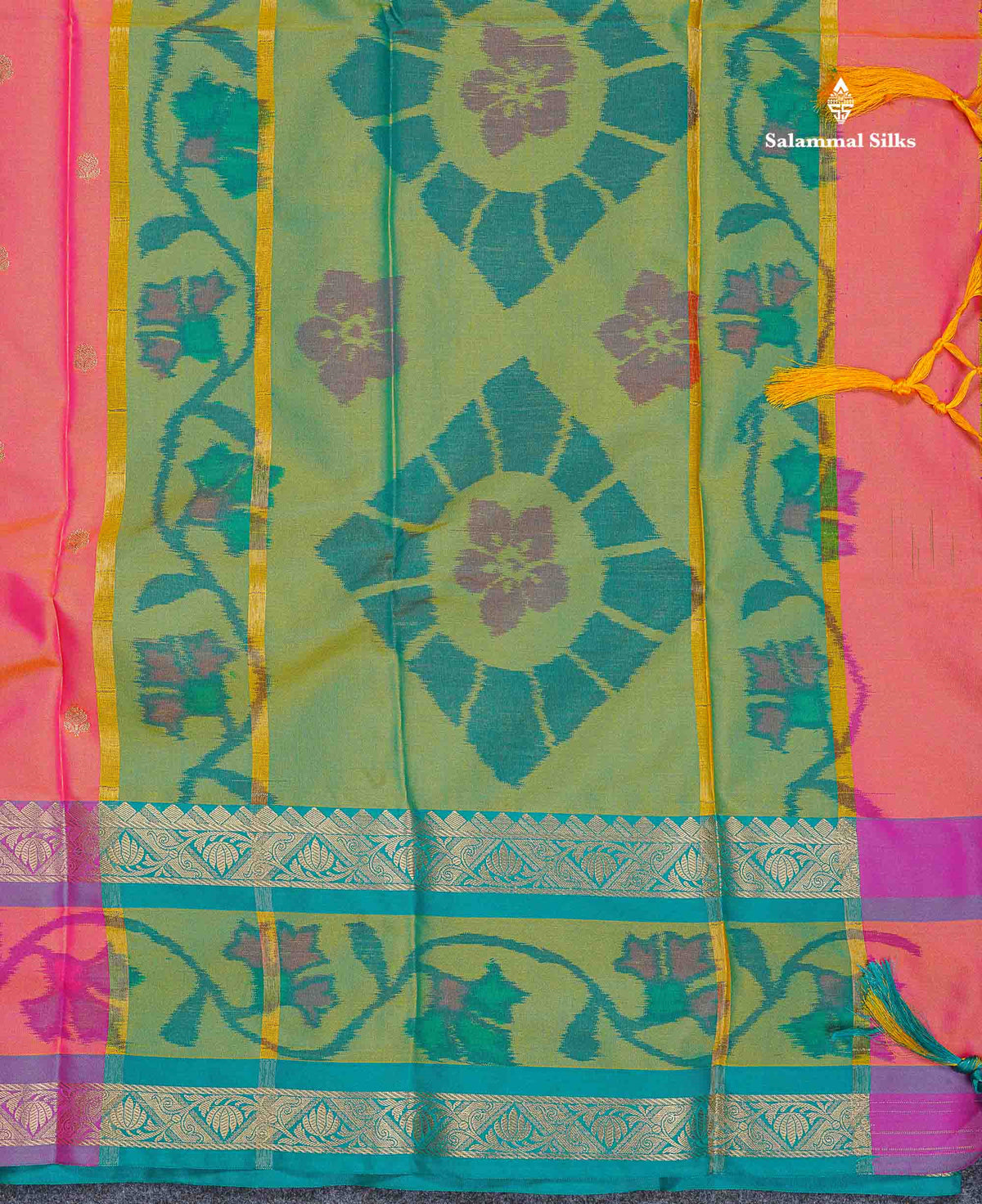 Semi Silk Saree - Sapphire Green Colour Body Zari Butta With Pochampally Fancy Border