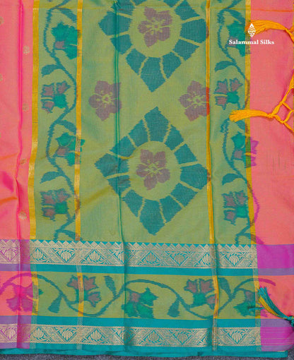 Semi Silk Saree - Sapphire Green Colour Body Zari Butta With Pochampally Fancy Border