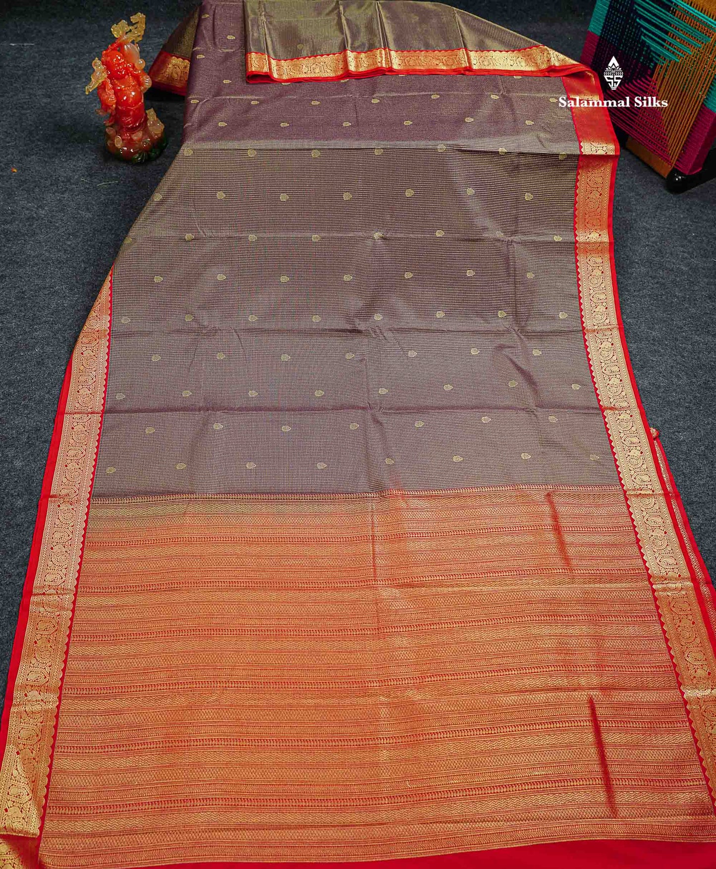 Semi Silk Saree - Snuff Brown Butta With Vaira Oosi Checks Along With Contrast Chilly Red Traditional Small Border