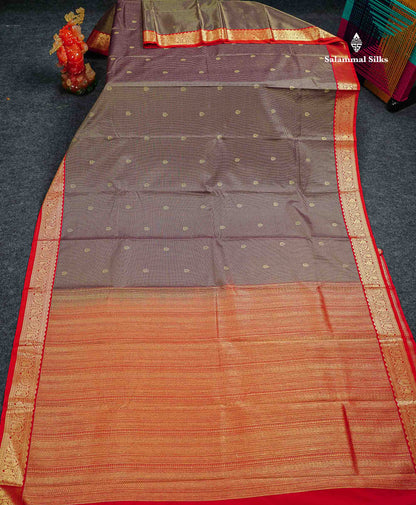 Semi Silk Saree - Snuff Brown Butta With Vaira Oosi Checks Along With Contrast Chilly Red Traditional Small Border