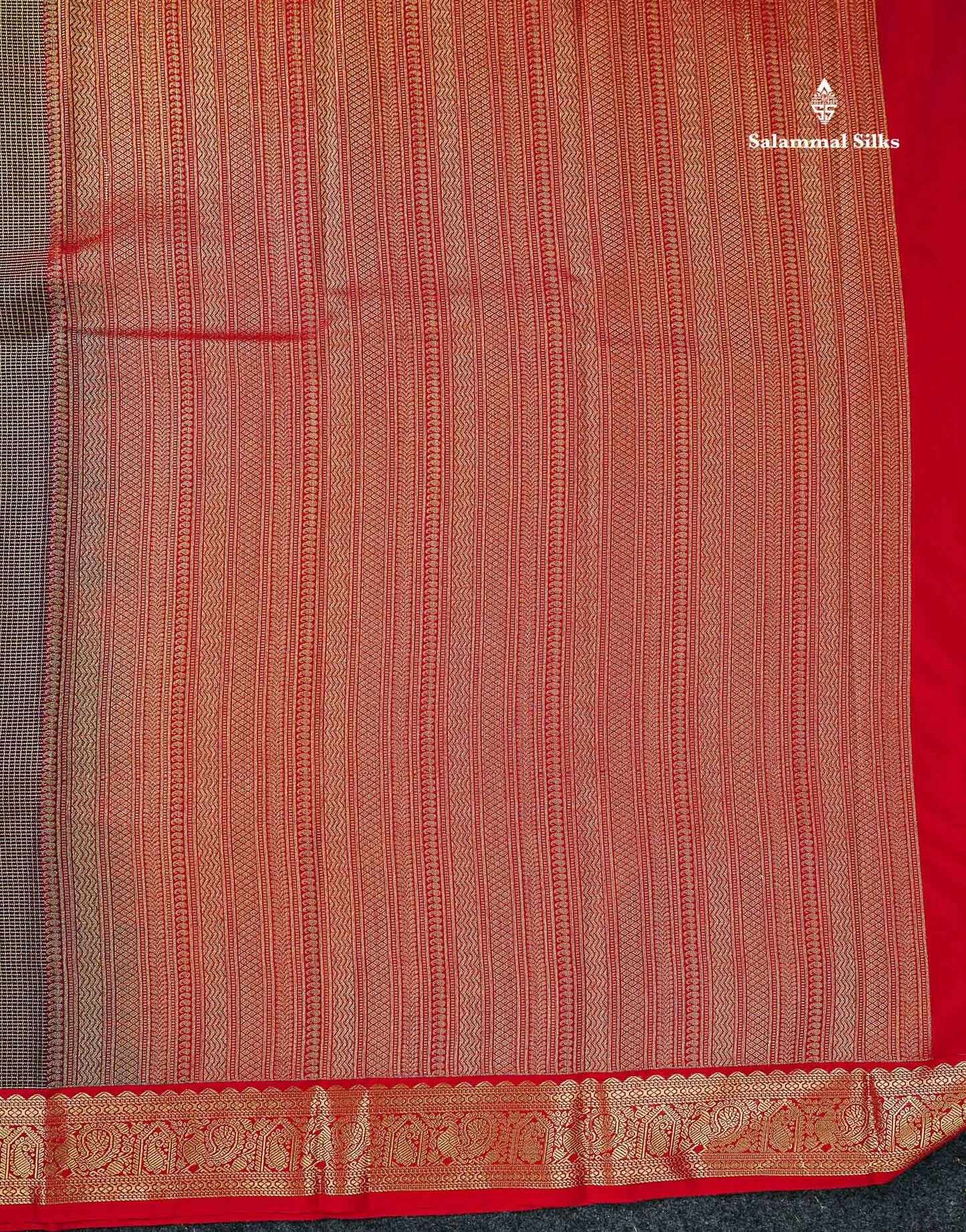 Semi Silk Saree - Snuff Brown Butta With Vaira Oosi Checks Along With Contrast Chilly Red Traditional Small Border