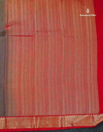 Semi Silk Saree - Snuff Brown Butta With Vaira Oosi Checks Along With Contrast Chilly Red Traditional Small Border