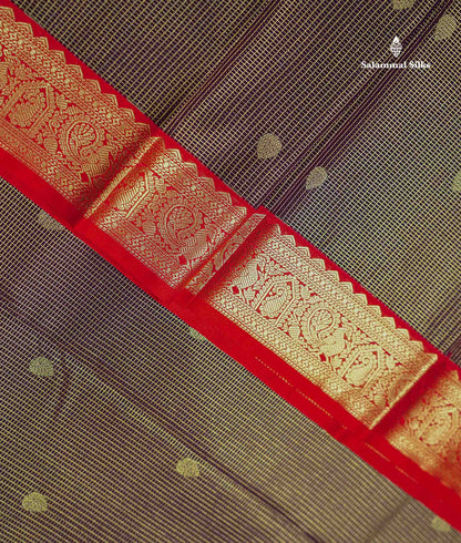 Semi Silk Saree - Snuff Brown Butta With Vaira Oosi Checks Along With Contrast Chilly Red Traditional Small Border