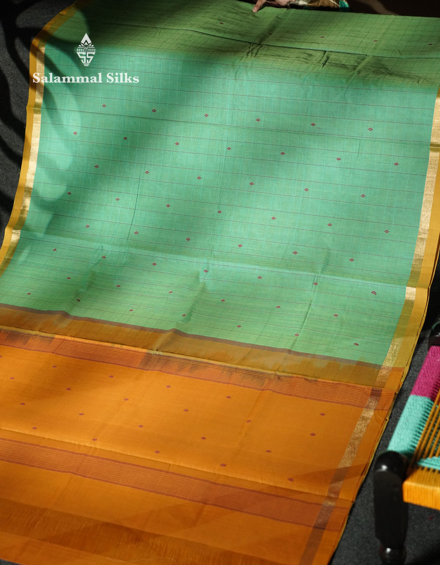Beautiful Sapphire Green Thread Buttas And Lines Handloom Pure Cotton Saree With Yellow Small Border