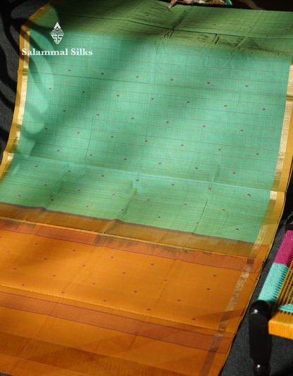 Beautiful Sapphire Green Thread Buttas And Lines Handloom Pure Cotton Saree With Yellow Small Border