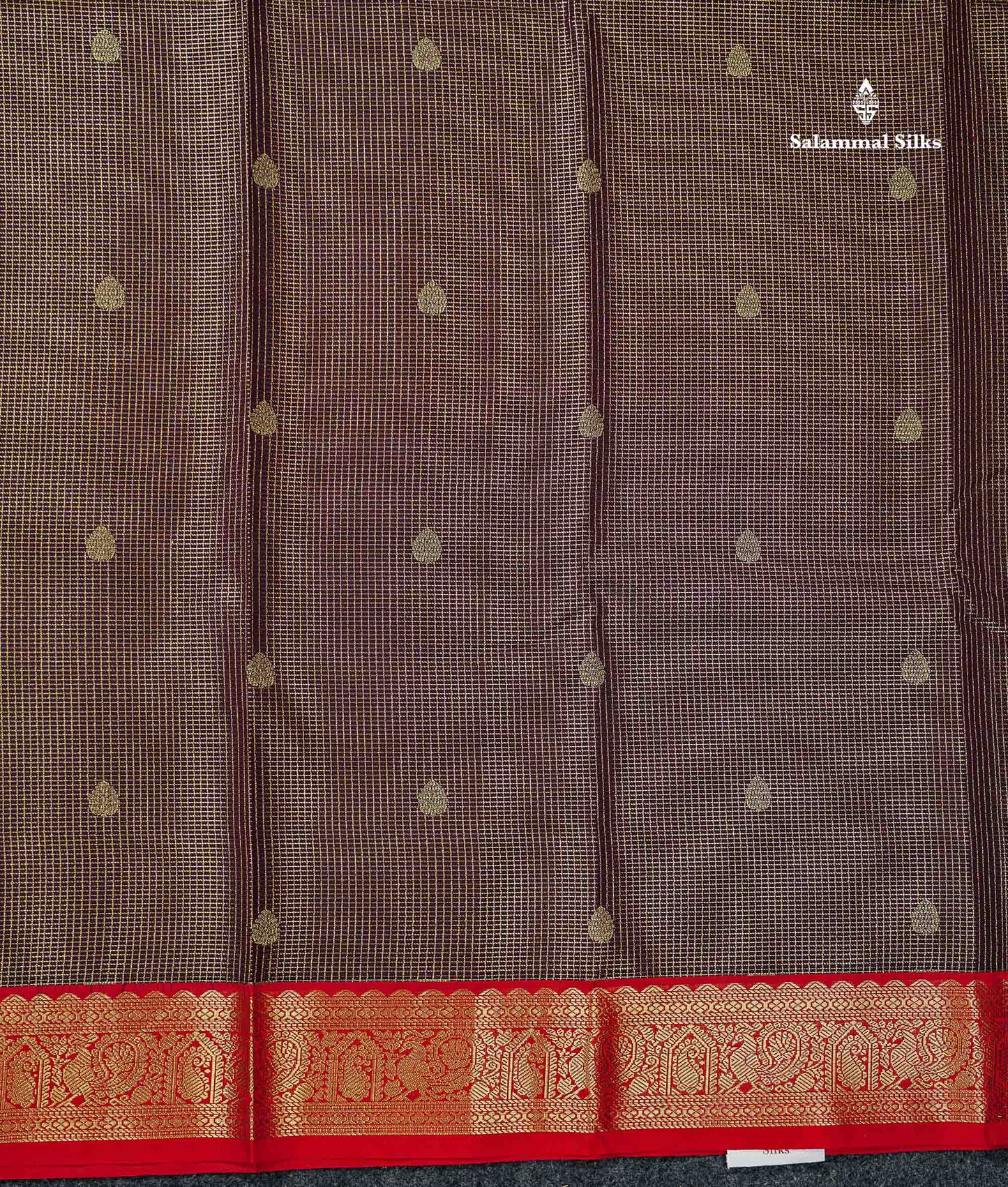Semi Silk Saree - Snuff Brown Butta With Vaira Oosi Checks Along With Contrast Chilly Red Traditional Small Border