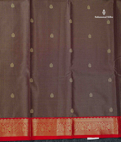 Semi Silk Saree - Snuff Brown Butta With Vaira Oosi Checks Along With Contrast Chilly Red Traditional Small Border