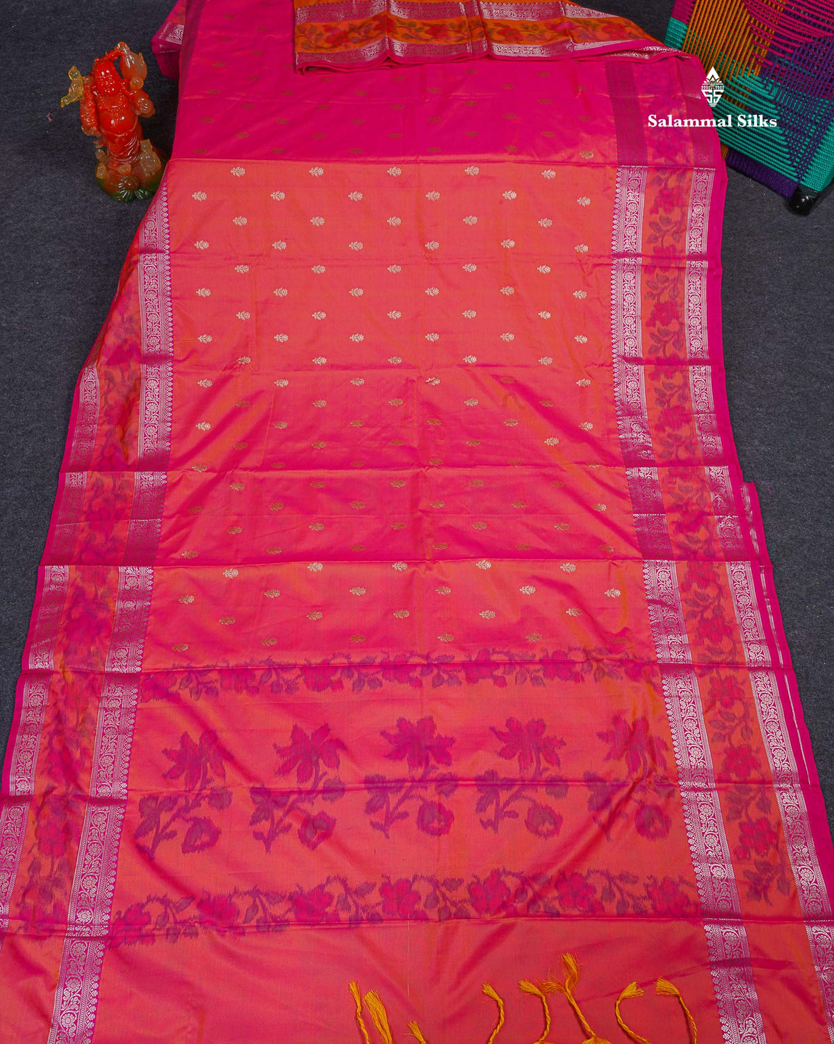 Semi Silk Saree - Pinkish Orange Colour Body Zari Butta With Pochampally Fancy Border