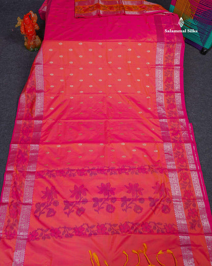 Semi Silk Saree - Pinkish Orange Colour Body Zari Butta With Pochampally Fancy Border