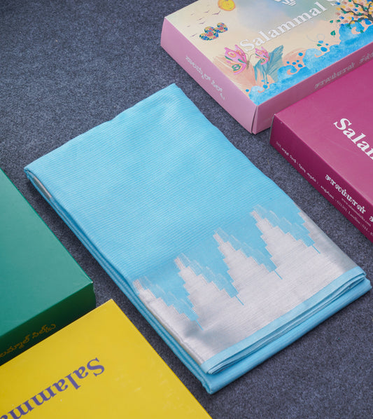 Sky Blue Beautiful Horizontal Lines Cotton Mix Fancy Saree With Silver Zari Temple Border