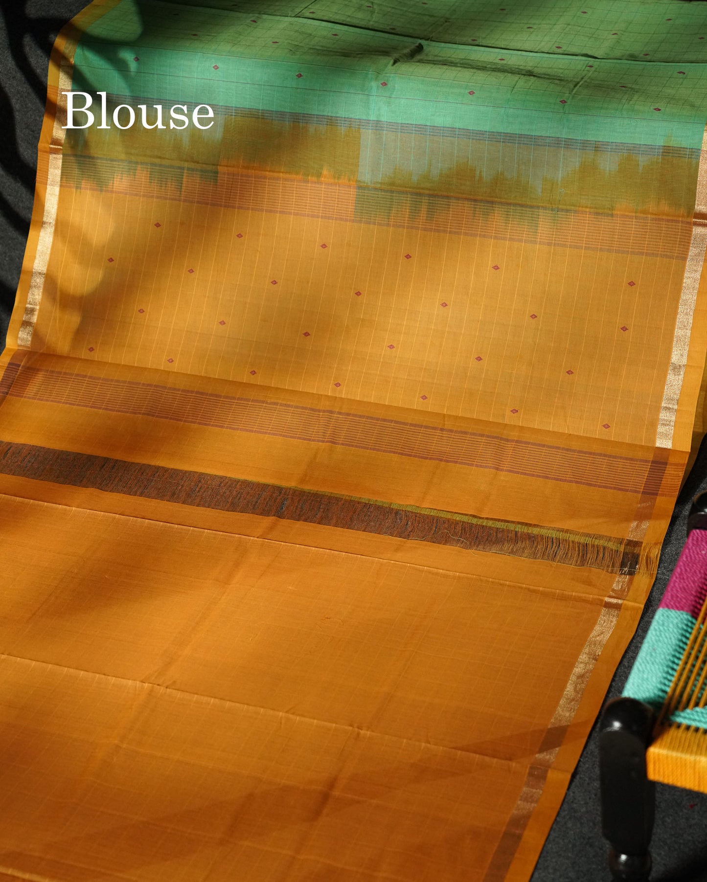 Beautiful Sapphire Green Thread Buttas And Lines Handloom Pure Cotton Saree With Yellow Small Border