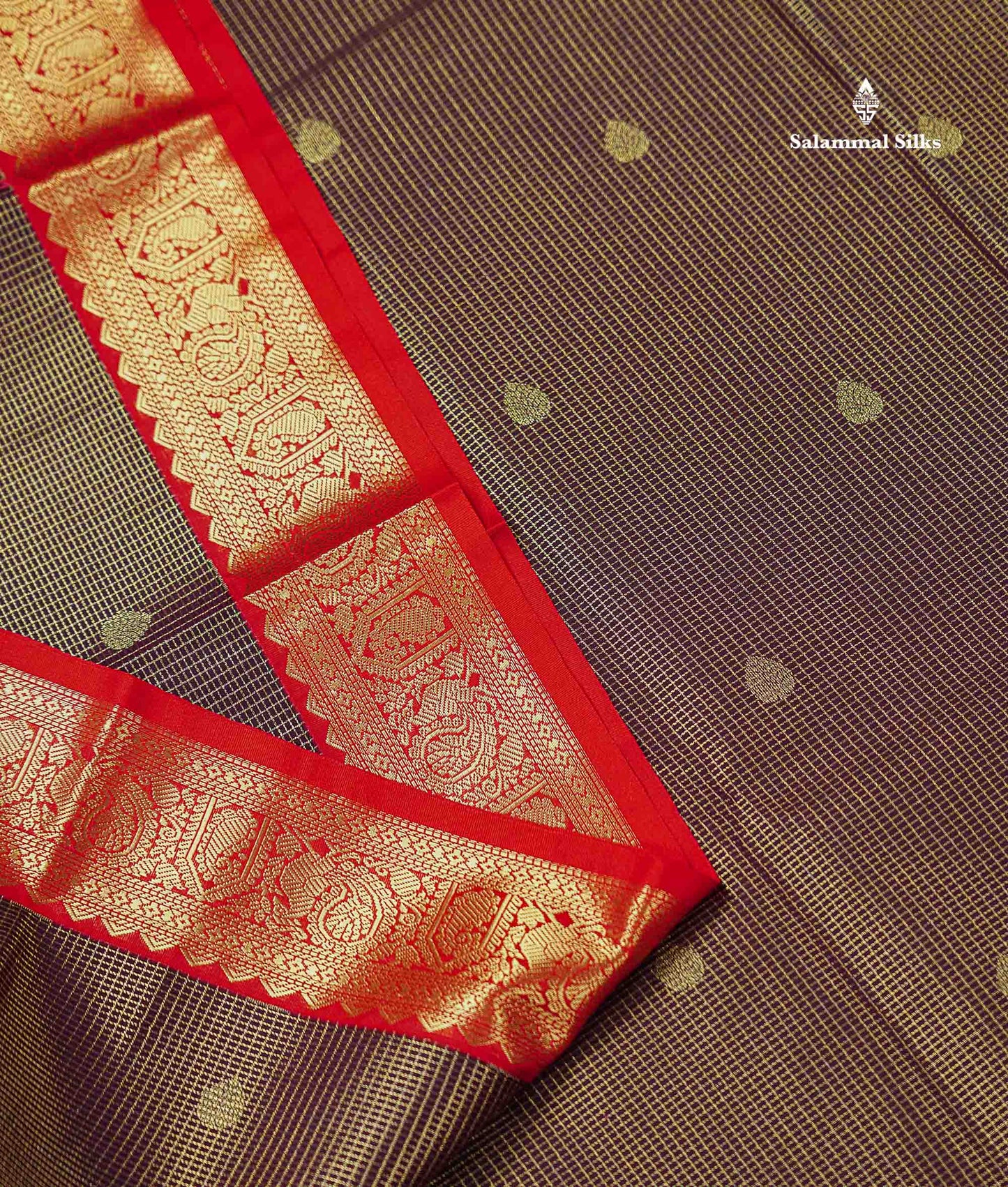 Semi Silk Saree - Snuff Brown Butta With Vaira Oosi Checks Along With Contrast Chilly Red Traditional Small Border