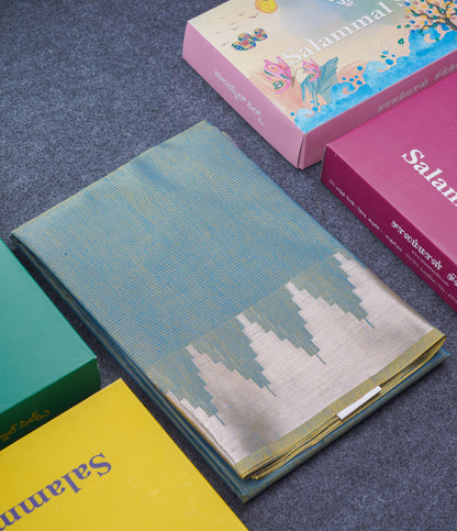 Dual Tone Green Beautiful Horizontal Lines Cotton Mix Fancy Saree With Silver Zari Temple Border