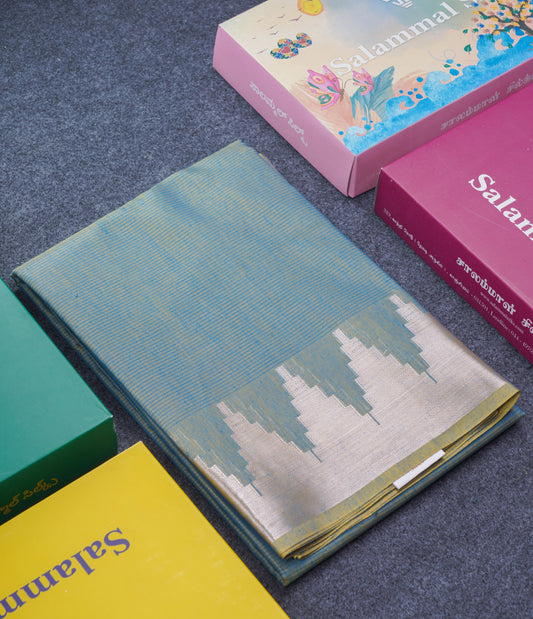 Dual Tone Green Beautiful Horizontal Lines Cotton Mix Fancy Saree With Silver Zari Temple Border