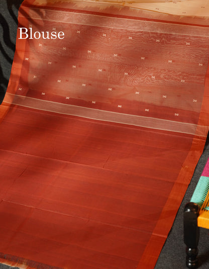 Beautiful Sandal Thread Buttas Handloom Pure Cotton Saree With Orange Border