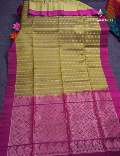 Olive Green Pure Silk Mix Soft Silk Saree With Contrast Magenta Border