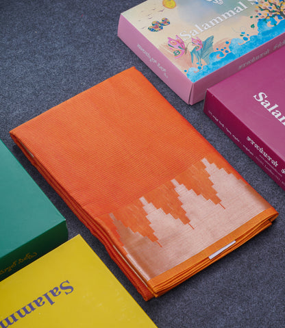 Orange Beautiful Horizontal Lines Cotton Mix Fancy Saree With Silver Zari Temple Border