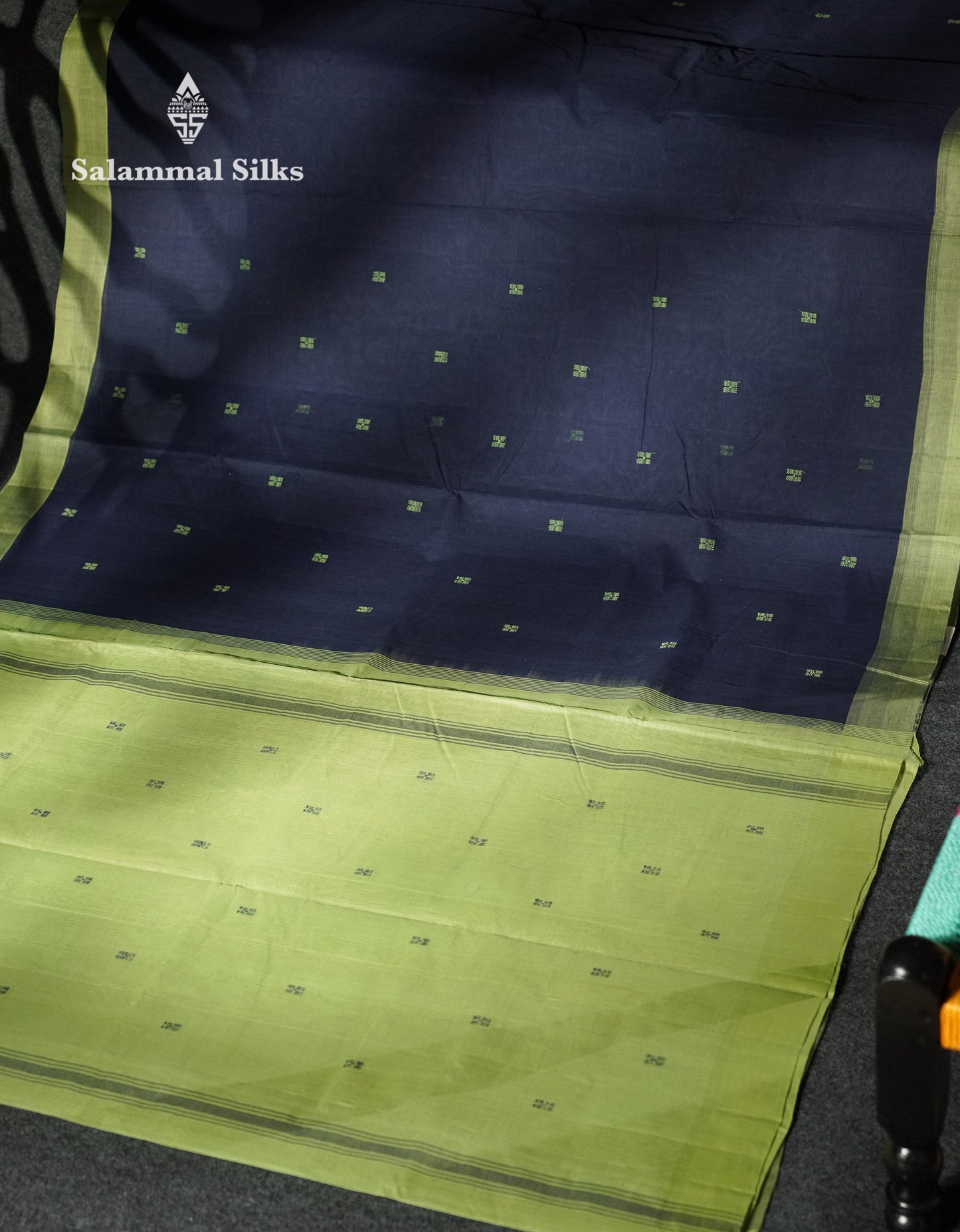 Beautiful Navy Blue Thread Buttas Handloom Pure Cotton Saree With Light Parrot Green Border