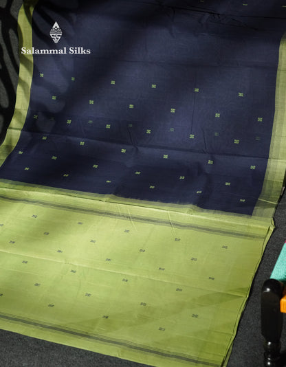 Beautiful Navy Blue Thread Buttas Handloom Pure Cotton Saree With Light Parrot Green Border