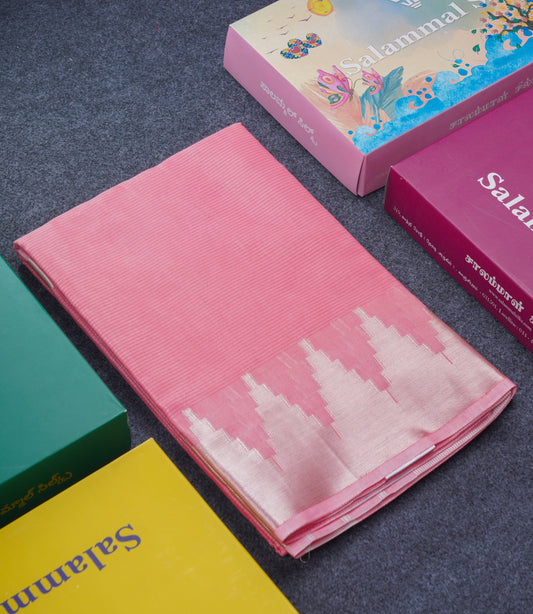 Peach Beautiful Horizontal Lines Cotton Mix Fancy Saree With Silver Zari Temple Border