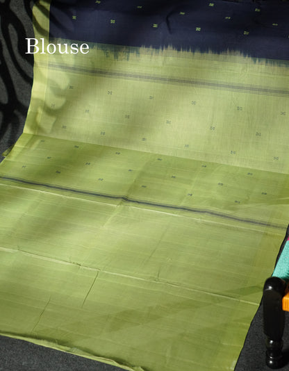 Beautiful Navy Blue Thread Buttas Handloom Pure Cotton Saree With Light Parrot Green Border