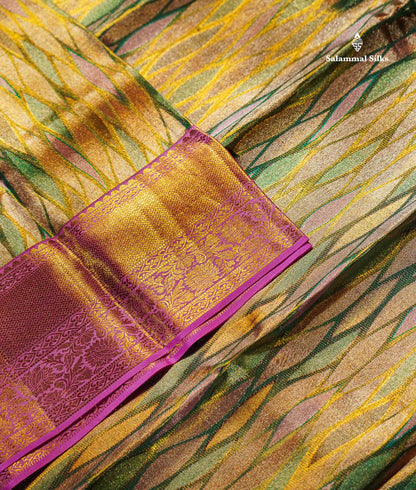 Beautiful Multicolor Tissue Pure Kanjivaram Silk Saree with Contrast Baby Pink Traditional Border