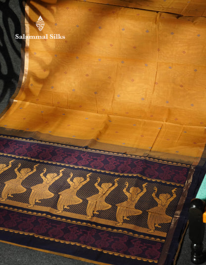 Beautiful Yellow Thread Buttas Handloom Pure Cotton Saree With Navy Blue Border