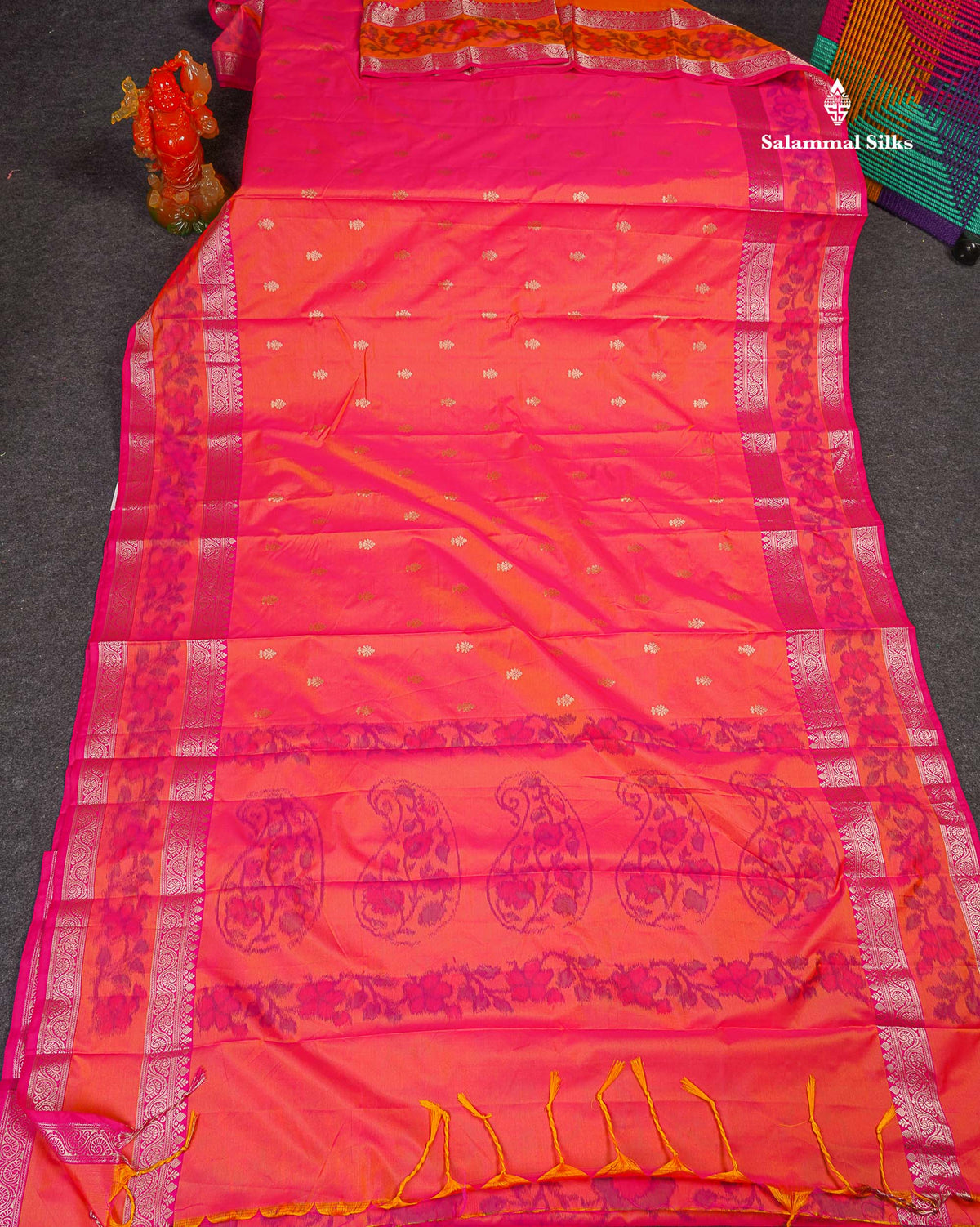 Semi Silk Saree - Pinkish Peach Colour Body Zari Butta With Pochampally Fancy Border