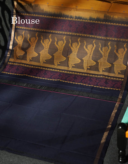 Beautiful Yellow Thread Buttas Handloom Pure Cotton Saree With Navy Blue Border