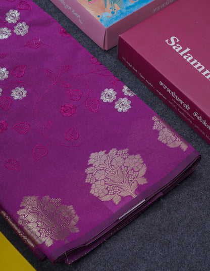 Navy Blue Embroidery Work Cotton Mix Saree With Floral Fancy Border