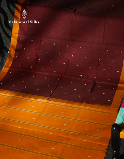 Beautiful Dark Brown Thread Work Butta Pure Cotton Saree With Contrast Dark Sandal Border