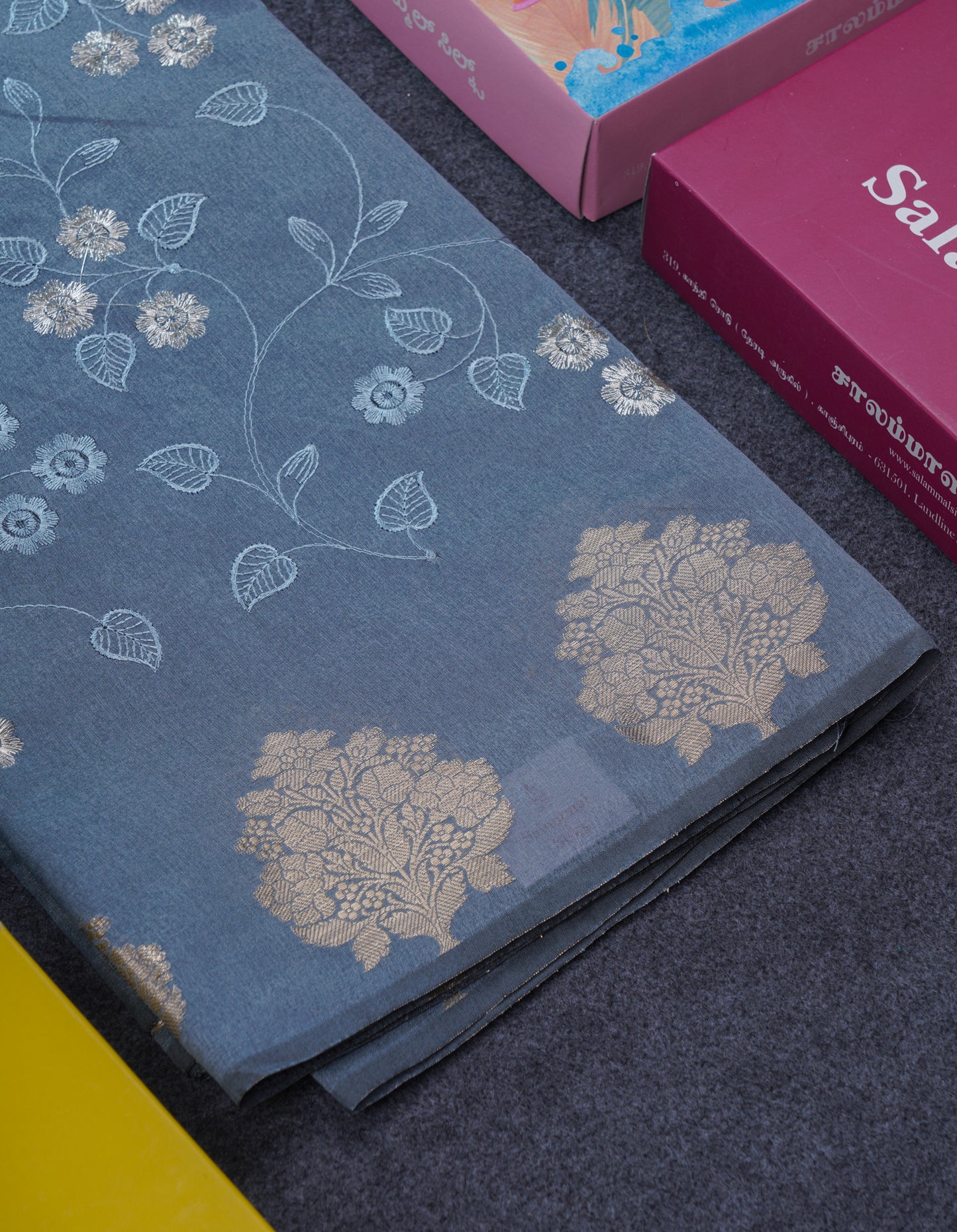 Navy Blue Embroidery Work Cotton Mix Saree With Floral Fancy Border
