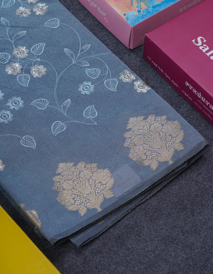 Navy Blue Embroidery Work Cotton Mix Saree With Floral Fancy Border
