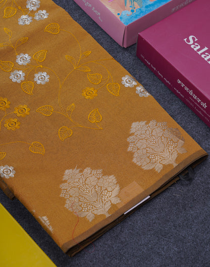 Navy Blue Embroidery Work Cotton Mix Saree With Floral Fancy Border