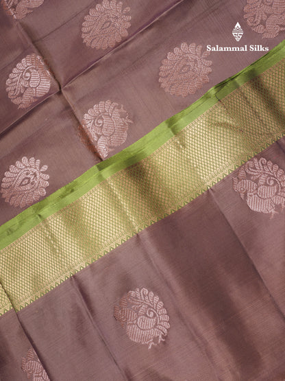 Light Chocolate Pure Silk Mix Soft Silk Saree With Contrast Parrot Green Meenakari Work Border
