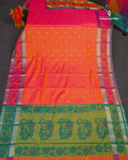 Semi Silk Saree - Orange Colour Body Zari Butta With Pochampally Fancy Border 