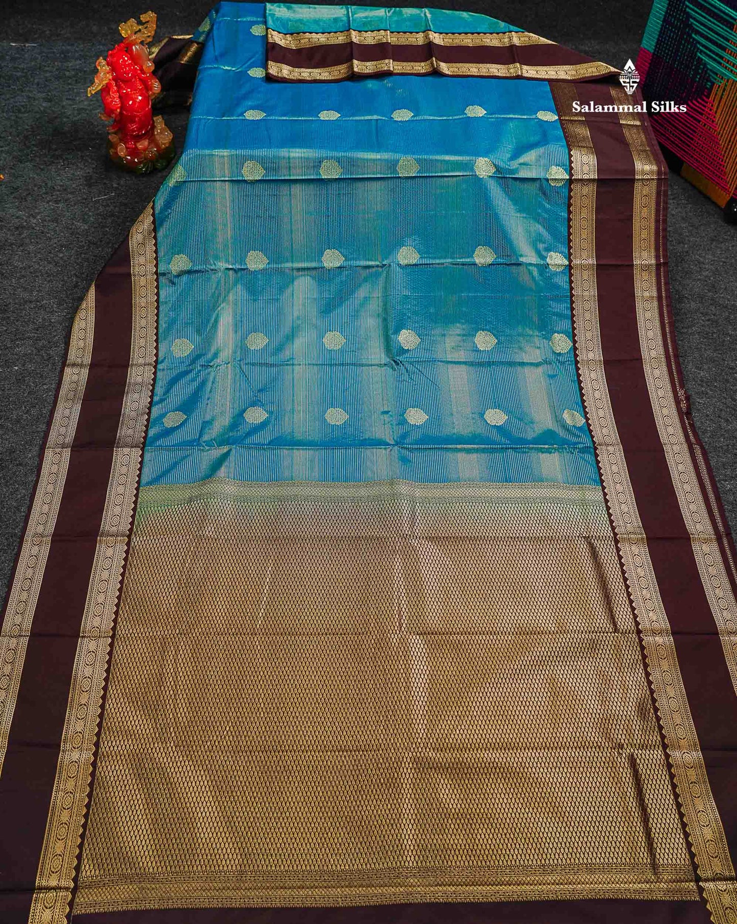 Peacock Blue Alai Vaira Oosi Lines With Butta Semi Silk Saree With Contrast Dark Brown Traditional Gap Border