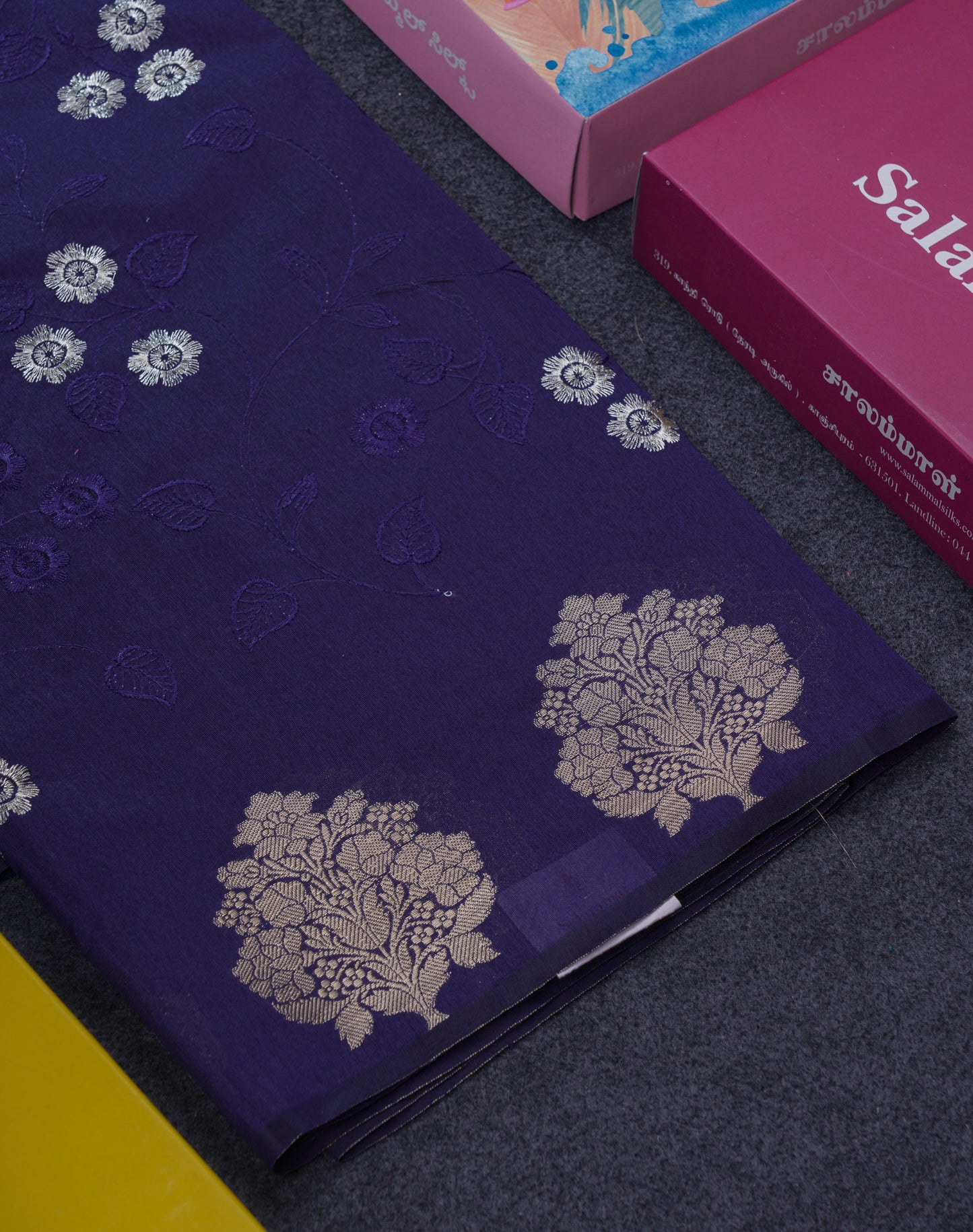 Navy Blue Embroidery Work Cotton Mix Saree With Floral Fancy Border